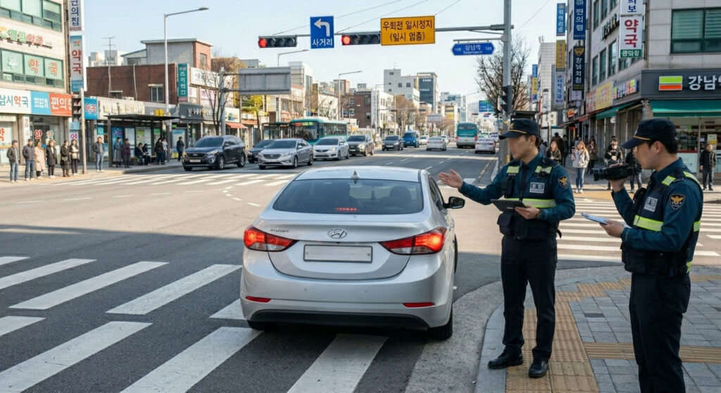 우회전 일시정지 단속 중인 경찰관과 도로 위 차량들